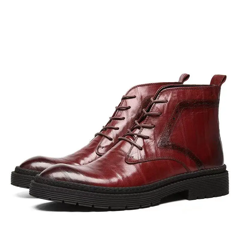 

Black Wine Red Men Chelsea Boots Lace Up Genuine Leather Dress Boot Male Shoes Wedding Party Ankle Casual Short Martins Boots