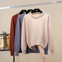 2020 new autumn winter women pullover sweater beaded neck top elegant lady long sleeve sweater jumper casual warm pull femme 219