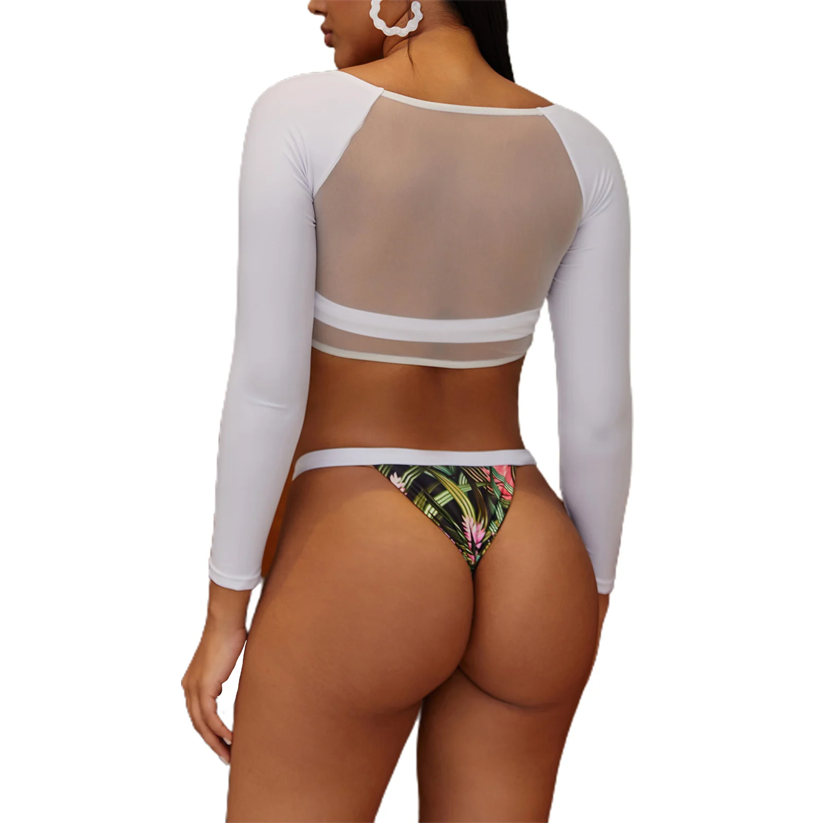 

Floral Print Two Piece Bathing Suit Womens 2Pcs Long Sleeve V Neck Zip Up Crop Tops High Cut Bikini Bottom Set Beach Swimsuit