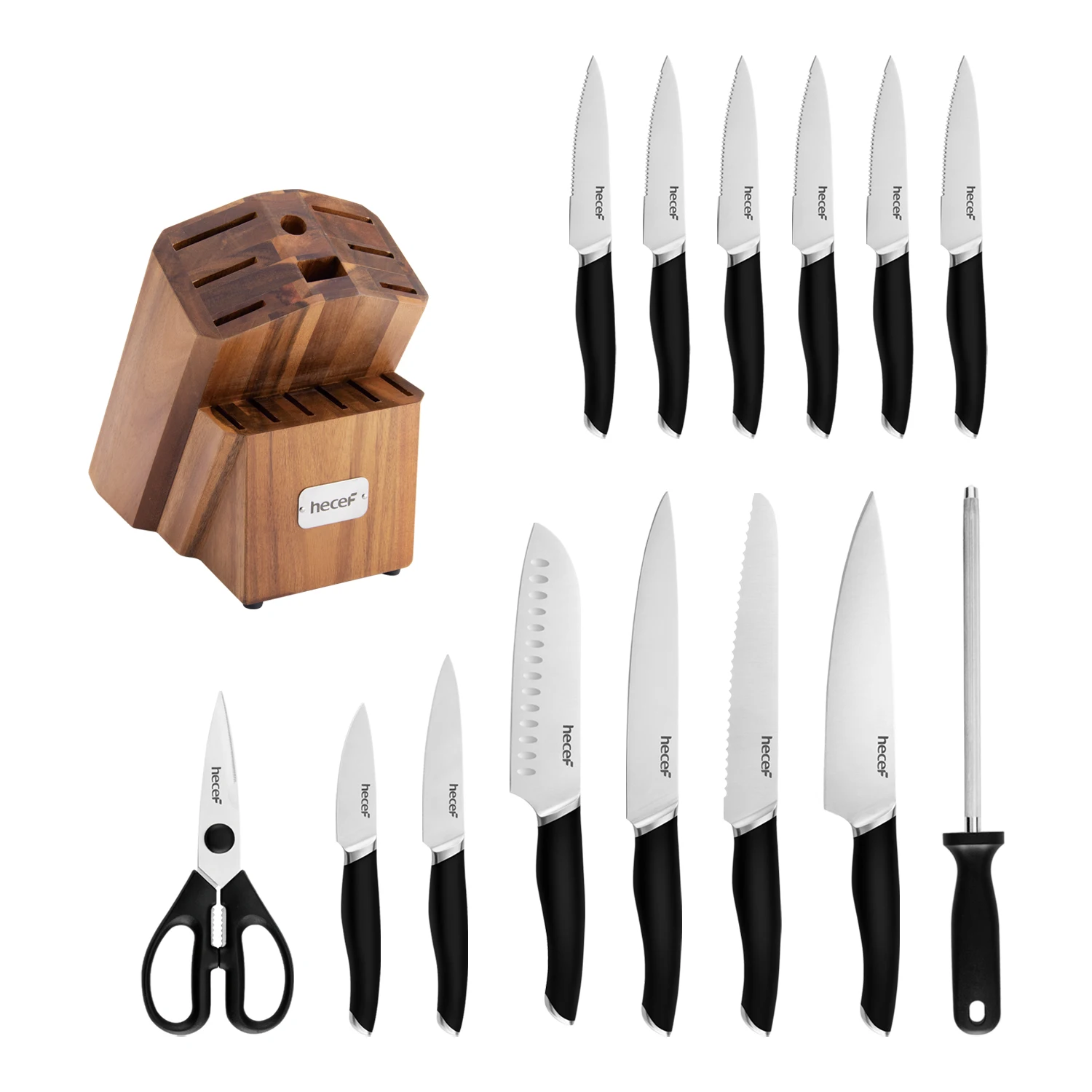 Hecef 15 шт. Премиум набор кухонных ножей с Акацией деревянный блок черный|Наборы