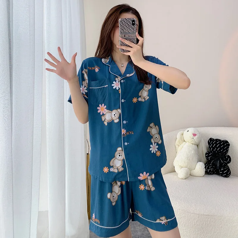 Women Pajamas Suit Short Sleeve Trousers Pants Shirt Set Pijamas Summer New Fashion Cute Flowers Lady Soft Comfortable Homewear