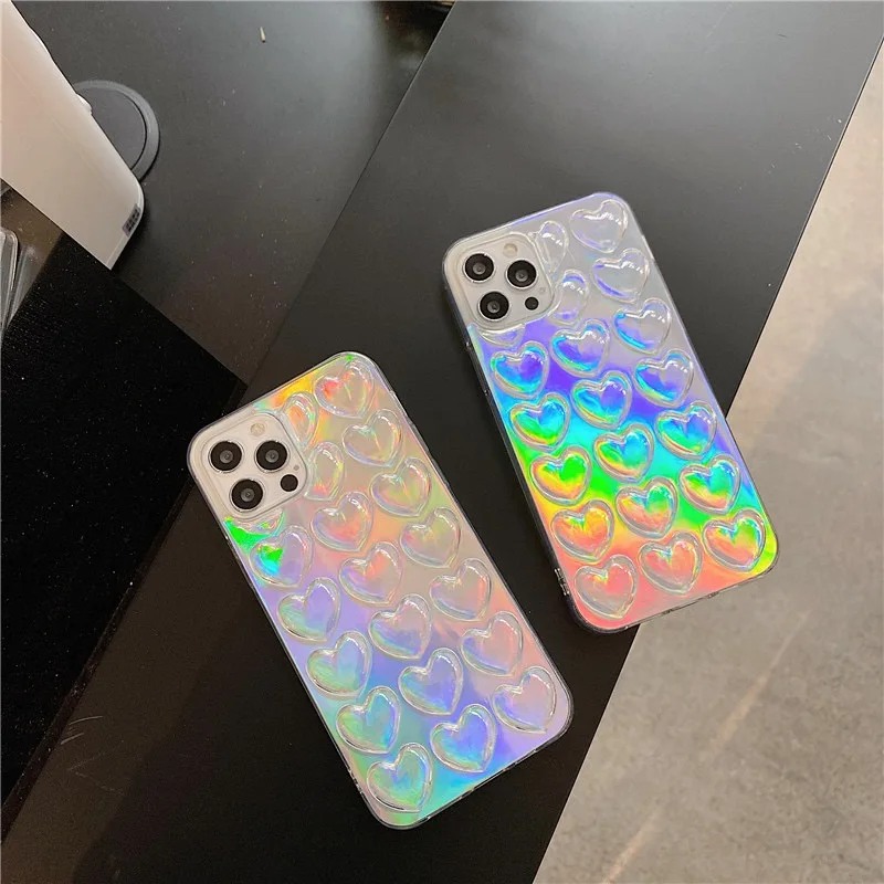 

IG 3D Laser Hearts Shine Clear Phone Case For iPhone14 13 12 11pro XS XR SE2 78plus Soft TPU Back Cover Skinny Shell Protection