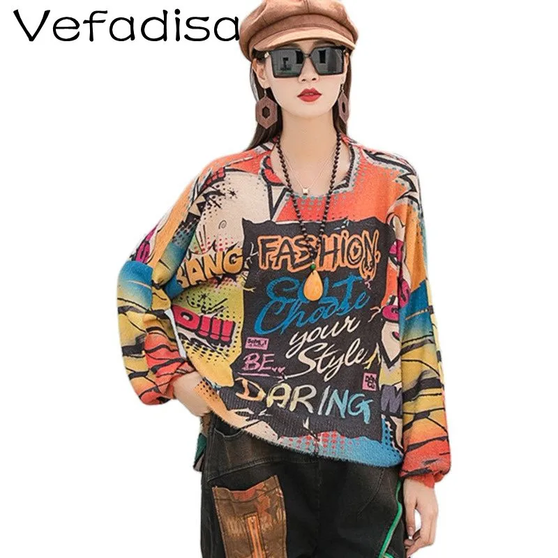 

Модный вязаный пуловер в стиле ретро Vefadisa, свободный свитер большого размера, нестандартный пуловер с круглым вырезом, свитер на осень и зим...