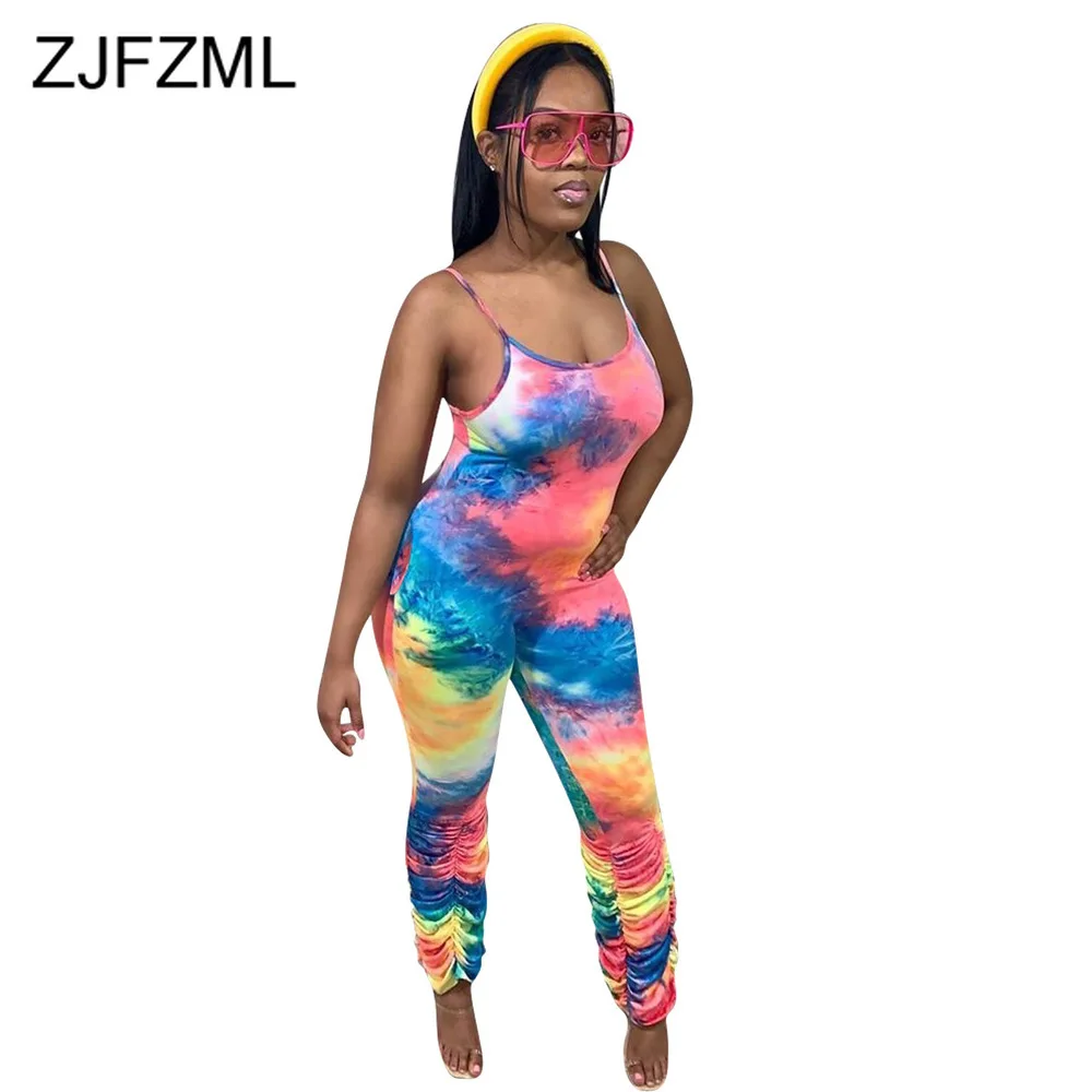 

Colorful Tie Dye Print Vintage Jumpsuit For Women Spaghetti Strap Open Back Stacked Bodysuit Summer O Neck Sleeveless Playsuits
