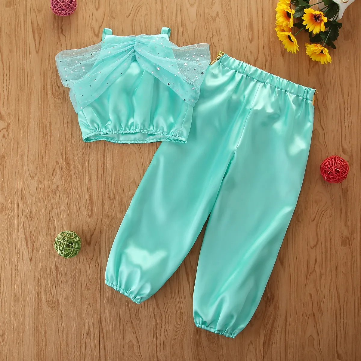 

Toddler Baby 3-9Y Fashion Kids Girls Cosplay Party Dress Sequined Lace Print Patchwork Tops Pants 2pcs Outfits