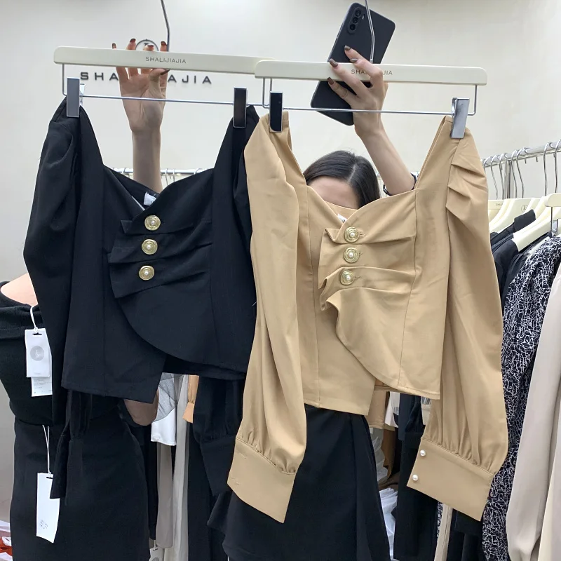 

Korean Style Square Collar Irregular Off-Shoulder Shirt for Ladies 2021 Spring New Slim Waisted Skinny Simple Blouse Women Tops
