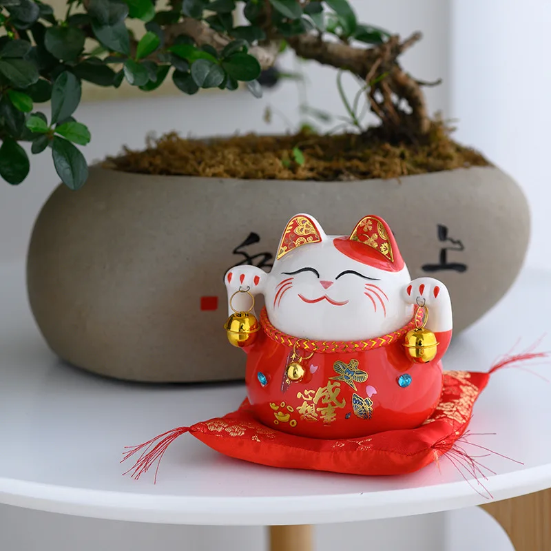 

Lucky Cat Home Decor Car Fortune Ornament Animal Ceramic Figure Waving 4.5inch