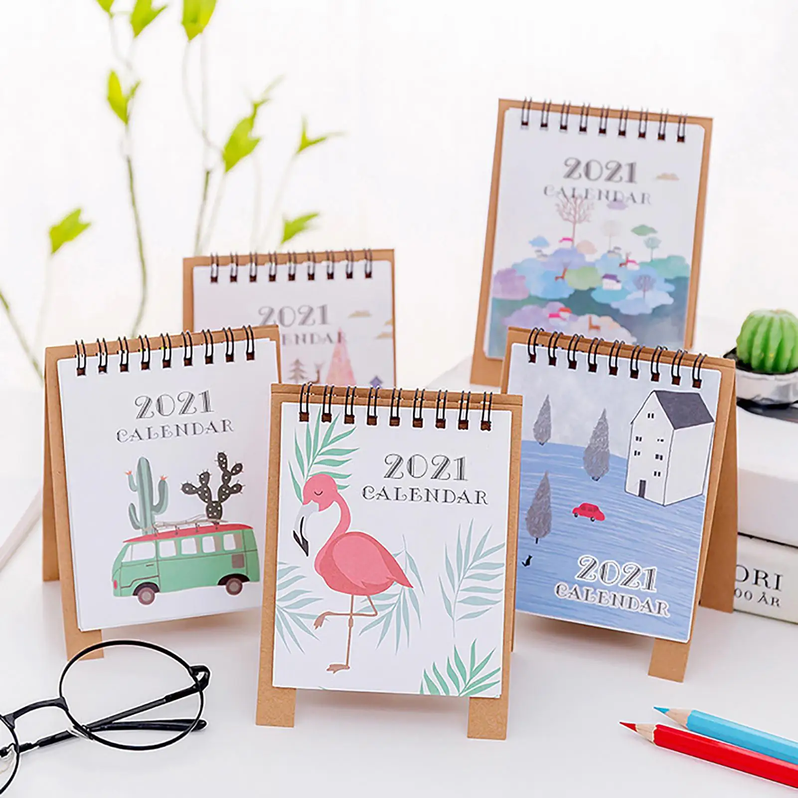 Hand Drawing 2021 Fresh Cartoon Mini Flamingo Desktop Paper Calendar dual Daily Scheduler Table Planner Yearly Agenda Organizer