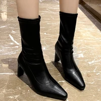 new fashion female thin heel sexy elastic black short ankle boots pointed toe nude beige autumn and winter high heel pumps women