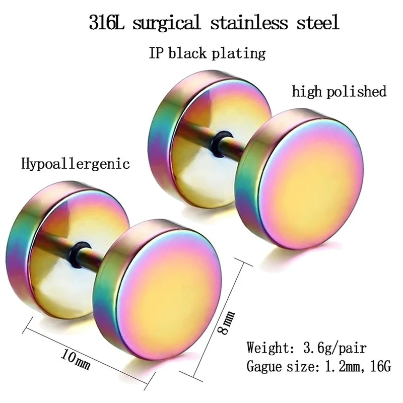 

1Pair 8mm Stainless Steel Mens Womens Stud Earrings Set Ear Piercing Plugs Tunnel Punk Style with Black Gift Bag for Free