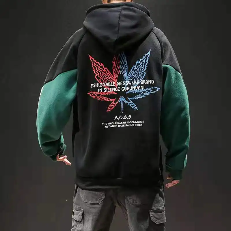 

Men's Autumn And Winter Long Hooded Sweater, Maple Leaf Printed Fleece Cotton Pullover, Plus Size Striped Pullover