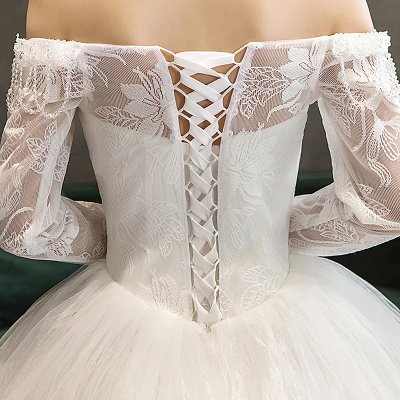 

Vestido De Noiva New Lace Wedding Dress Elegant Boat Neck Beading Pearl Full Sleeve Backless Bridal Gown Robe De Mariee 30