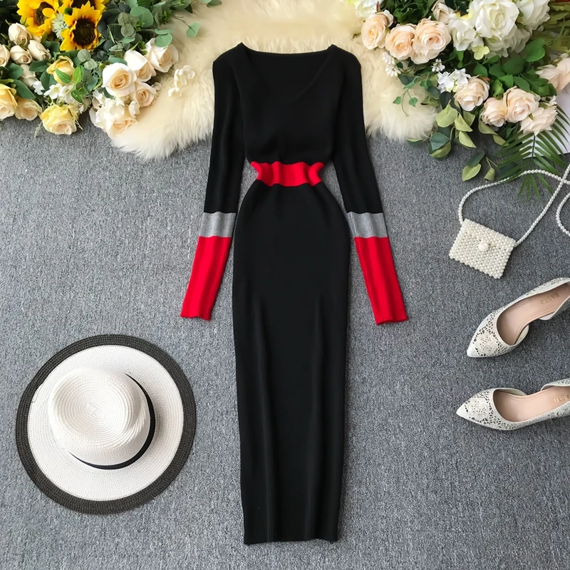 Женское трикотажное платье в полоску Осеннее облегающее винтажное длинное