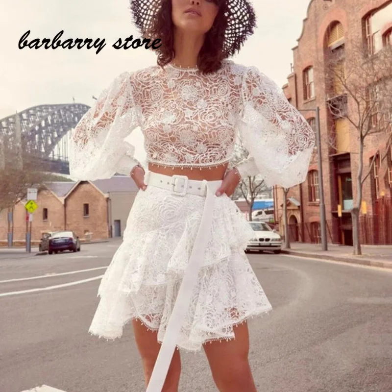

2021 hight end Floral lace solid color long sleeve lace shirt white Women Pullover skirt version cotton commuter suit Dresses