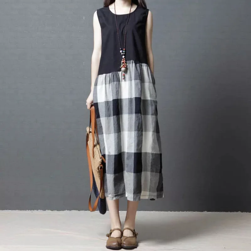 

Summer new 2021 Korean loose size women's fashion cotton hemp Plaid sleeveless dress