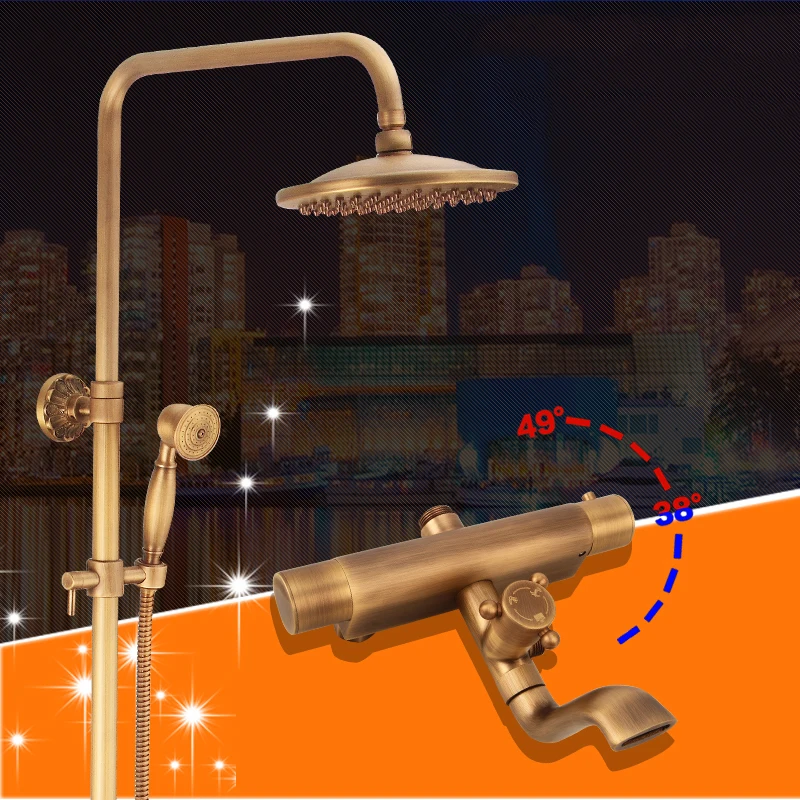 Античный латунный термостатический смеситель для душа с двумя ручками ванной