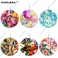 voikukka jewelry 6 cm circle floral double sided printing flowers country style wooden pendant drop fashion earrings for women