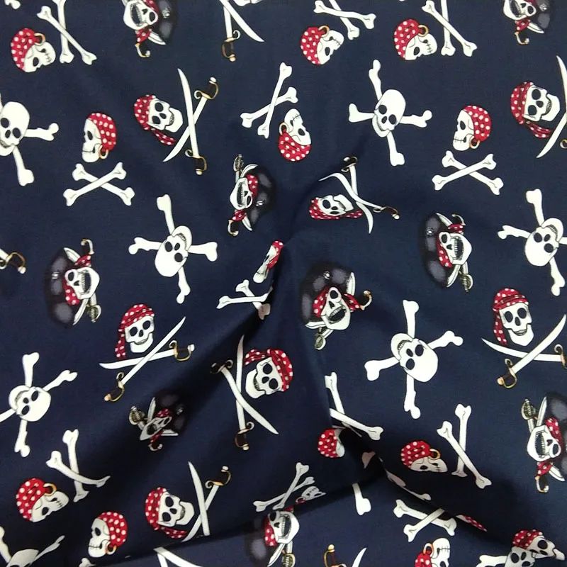 Винтажный бренд темно-синий череп пират и меч печатный хлопок спандекс ткань 48x120