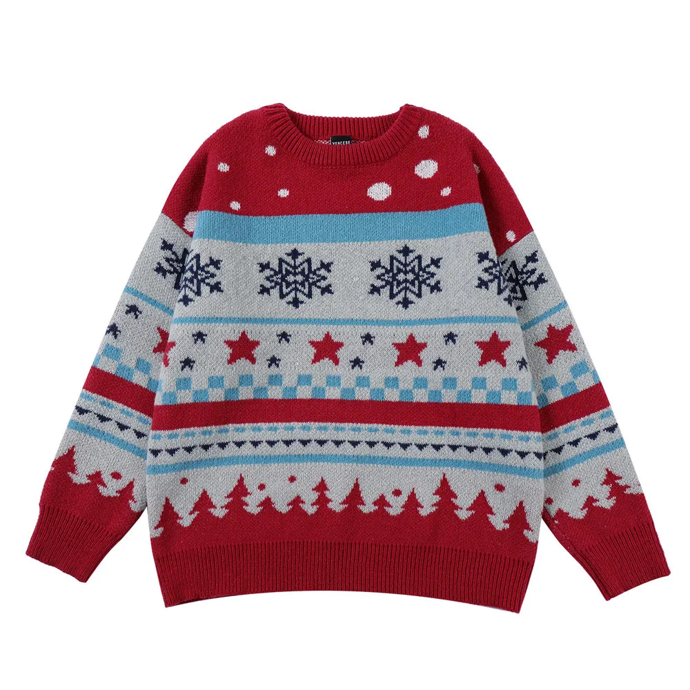 

Cartoon Jacquard Color Stitching Christmas Sweater Men Lazy Fashion Brand Loose Round Neck Sweater Winter Streetwear Pullover