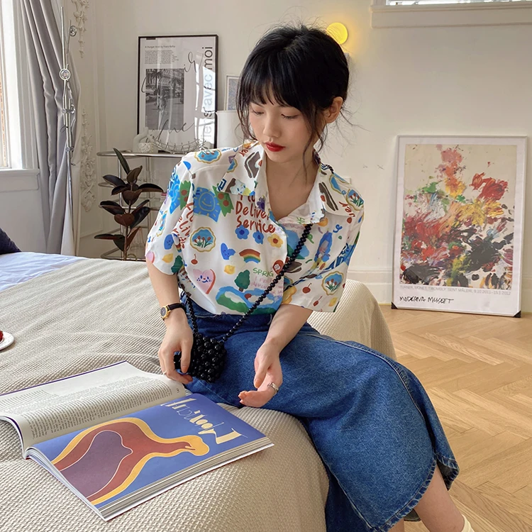 

2021 Korean Style Loose turn down collar Funny Print Short Sleeve Shirt Summer Blouse Female outwear tops (F4401)