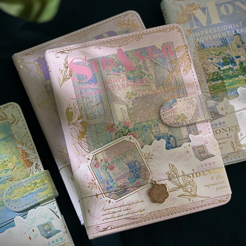 

1Pc Art Landscape Oil Painting Notebook Color Page Handbook Retro Magnetic Button Notepad Student Supplies Cute Notebook