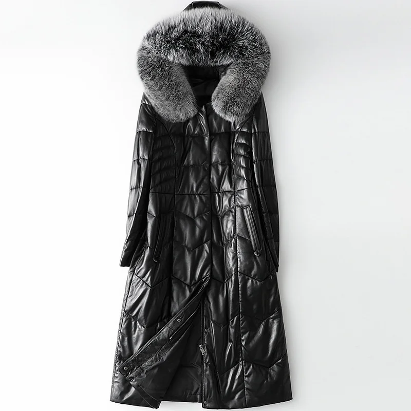 

Long term stock 2020 autumn and winter fashion fox fur collar leather down jacket women's long sheep skin jacket