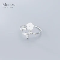 modian new 925 sterling silver radiant zircon leaves white shell flower free size ring for women plant ring original jewelry