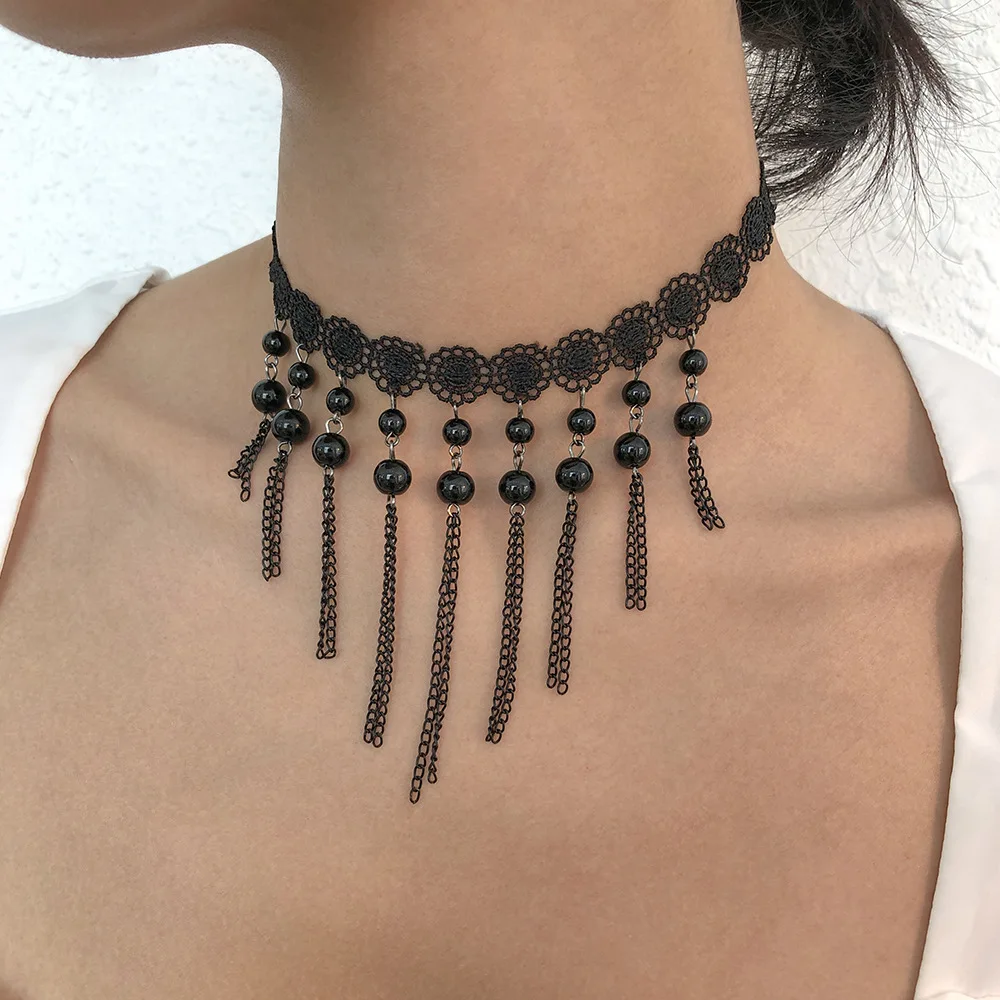 

Sexy Black Lace Crystal Tassels Choker Necklace For Women Personality Retro Bead Chain On The Neck Halloween Jewelry Accessories