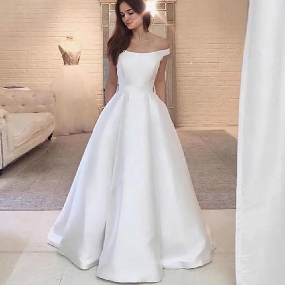 

Prom Party Gown Off-Shoulder Evening Dress Satin Formal Dresses Floor-Length Bateau Sleeveless NONE Train Custom New White