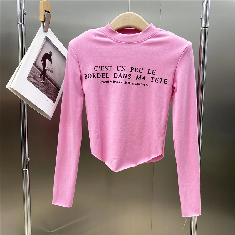Новинка 2021 футболка с круглым вырезом и длинным рукавом открытым пупком надписью