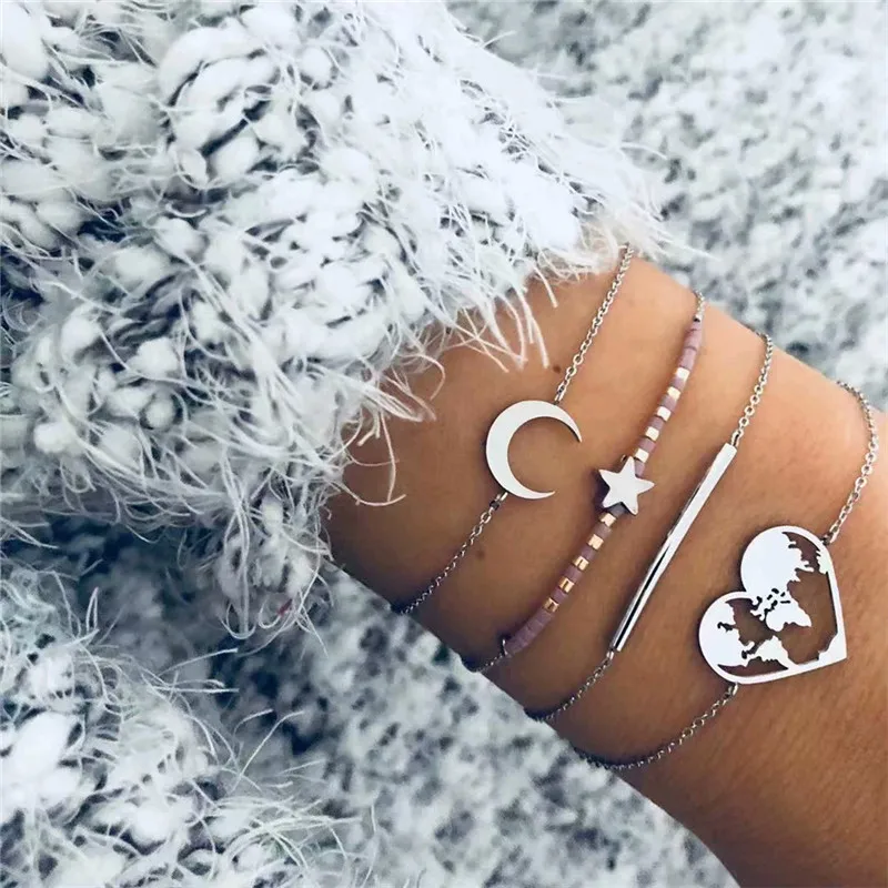 

HOCOLE Bohemian Beads Bracelet Sets For Women Fashion Silver Color Moon Star Heart Charm Chain Bracelets Female Jewelry Party