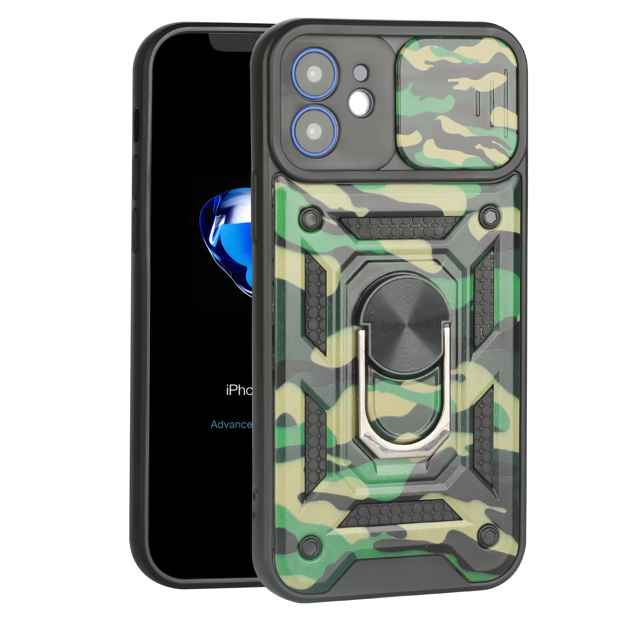 

Kickstand Push Window Phone Case For iPhone X XS XR 7 8 Plus Pro SE 11 12 13 Mini Max 2020 Anti Fall Camouflage Protection Cover