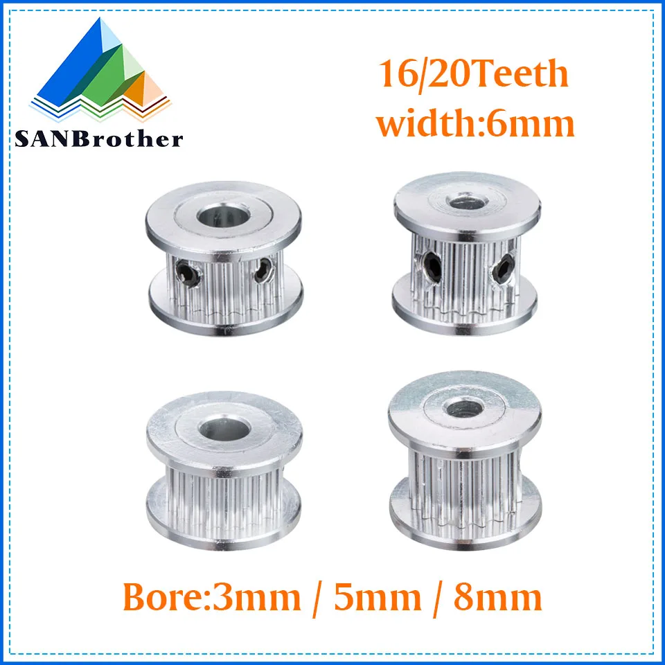 2GT GT2 Aluminum Timing Belt Idler Pulley 16T 20T Teeth Tooth 3mm 5mm 8mm Bore For 3D Printer 6mm Width Timing Belt