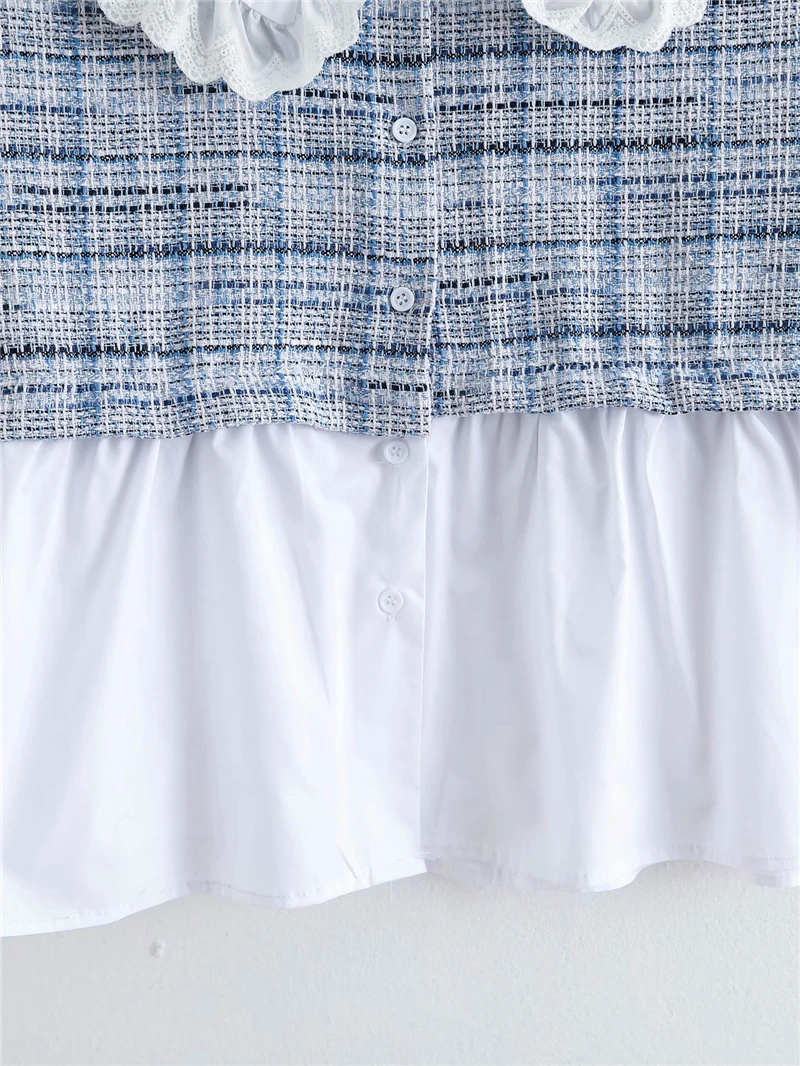 

Elegant Women Blue Plaid Woolen Patchwork Shirts 2020 Fashion Ladies Loose Lace Tops Sweet Female Chic Peter Pan Collar Blouse