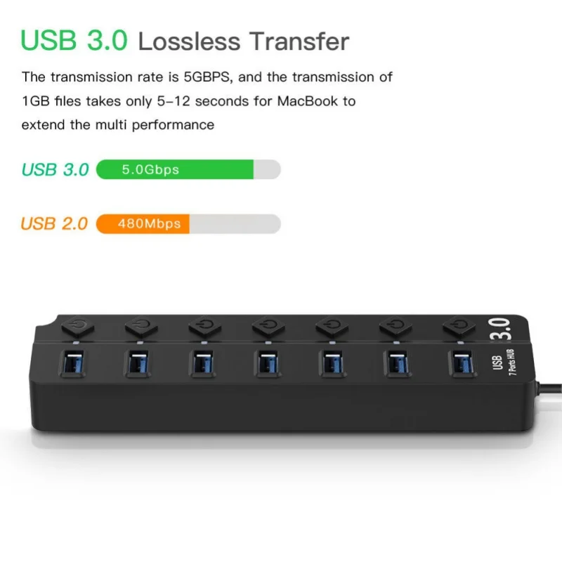 7-портовый концентратор USB 3 0 5 Гбит/с высокоскоростные переключатели ВКЛ./ВЫКЛ.
