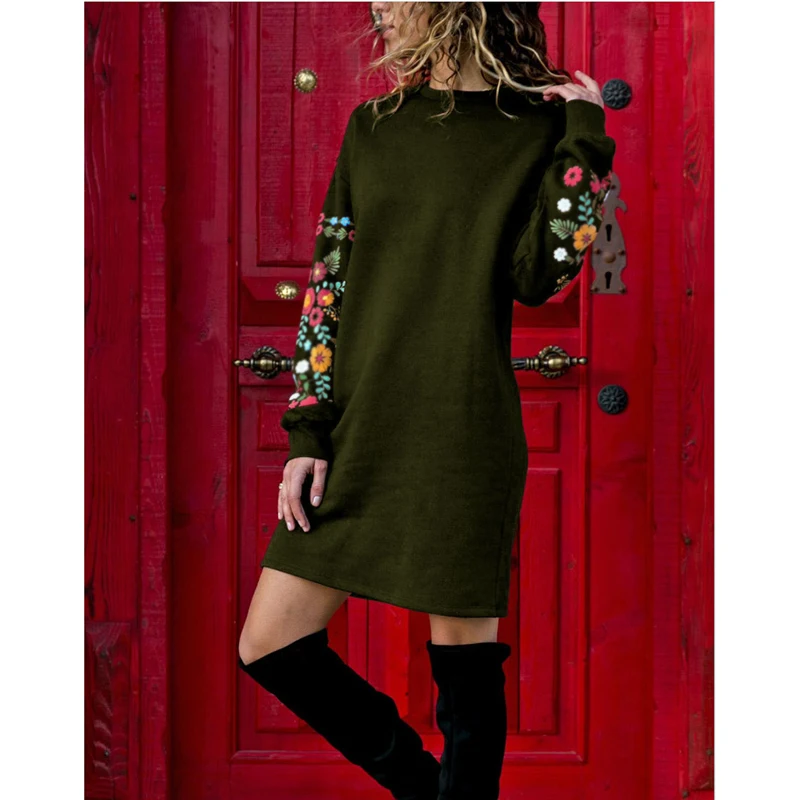 

Dress Women Floral Print Long Sleeve O-Neck Loose thin Warm sexy Dresses Elegant multicolor Black mujer Autumn vestido 2021