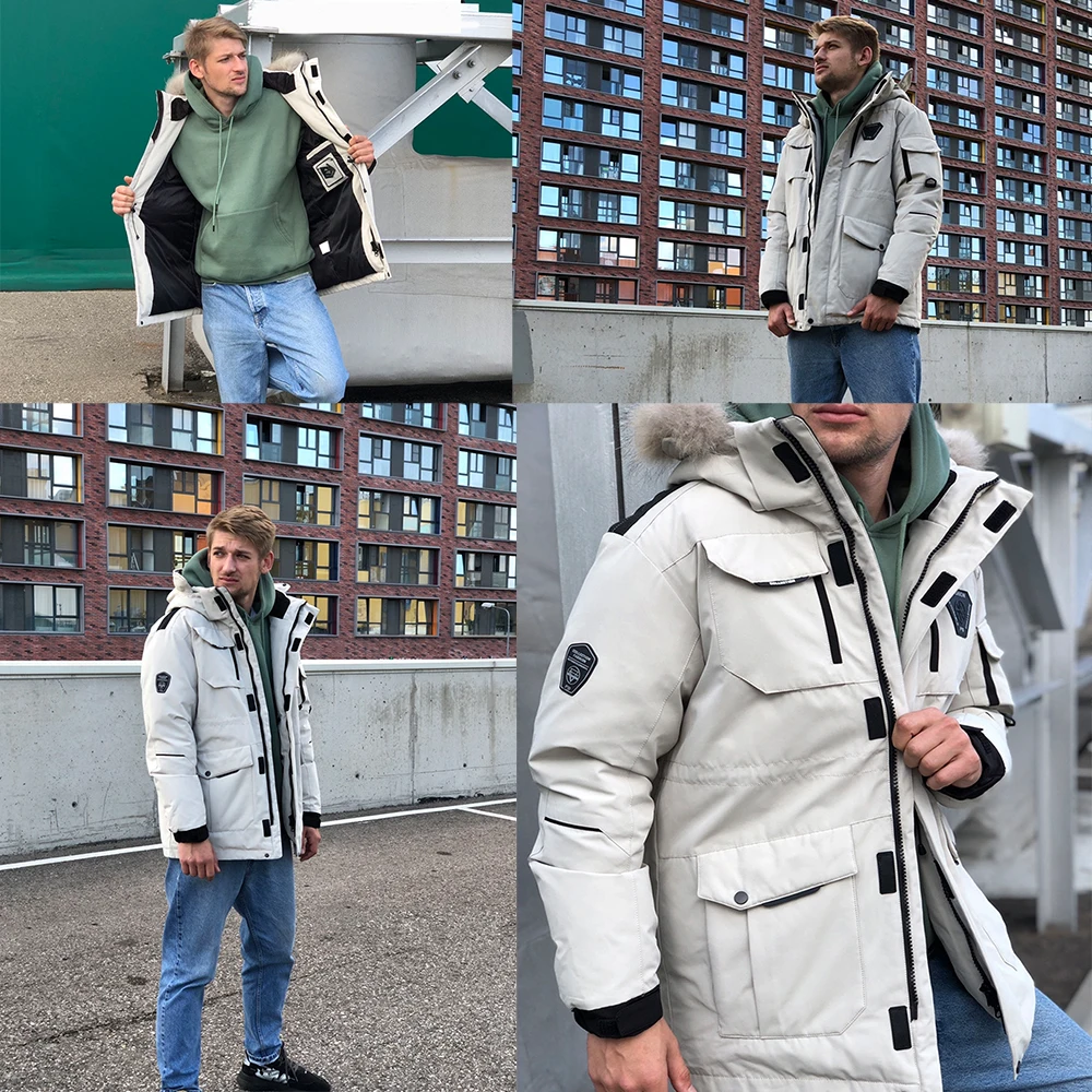 

Thick Men's Down Jacket Plus Size Real Fur Collar Warm Coat Thick Loose Mid-length Hooded Jacket