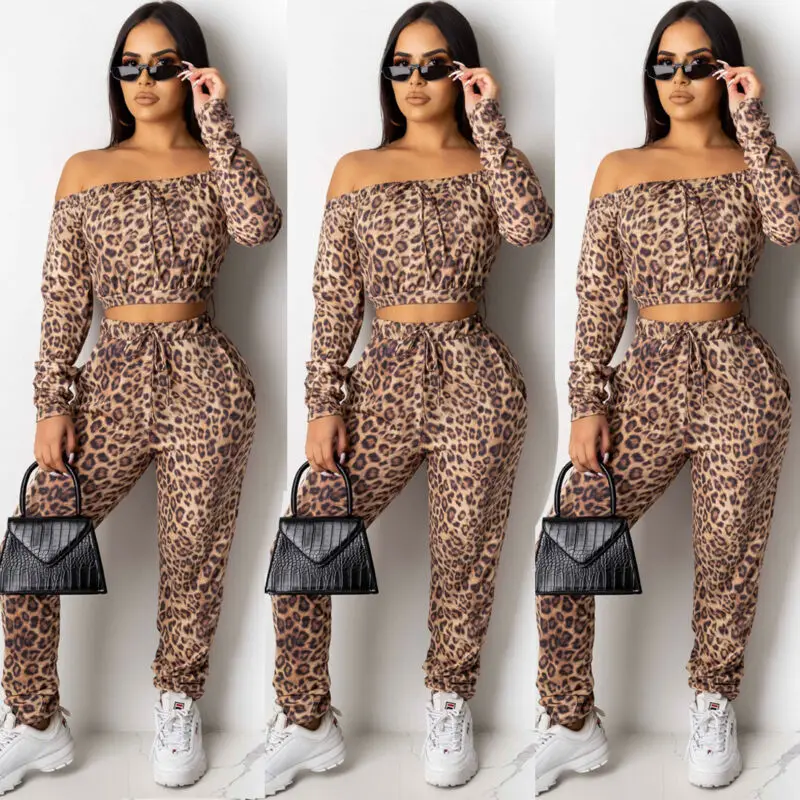 Лидер продаж 2 шт. женский леопардовый спортивный костюм на шнуровке с длинными