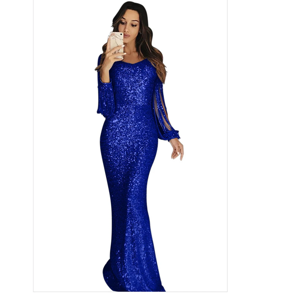 Осеннее Сексуальное Женское Платье с V-образным вырезом и длинным рукавом