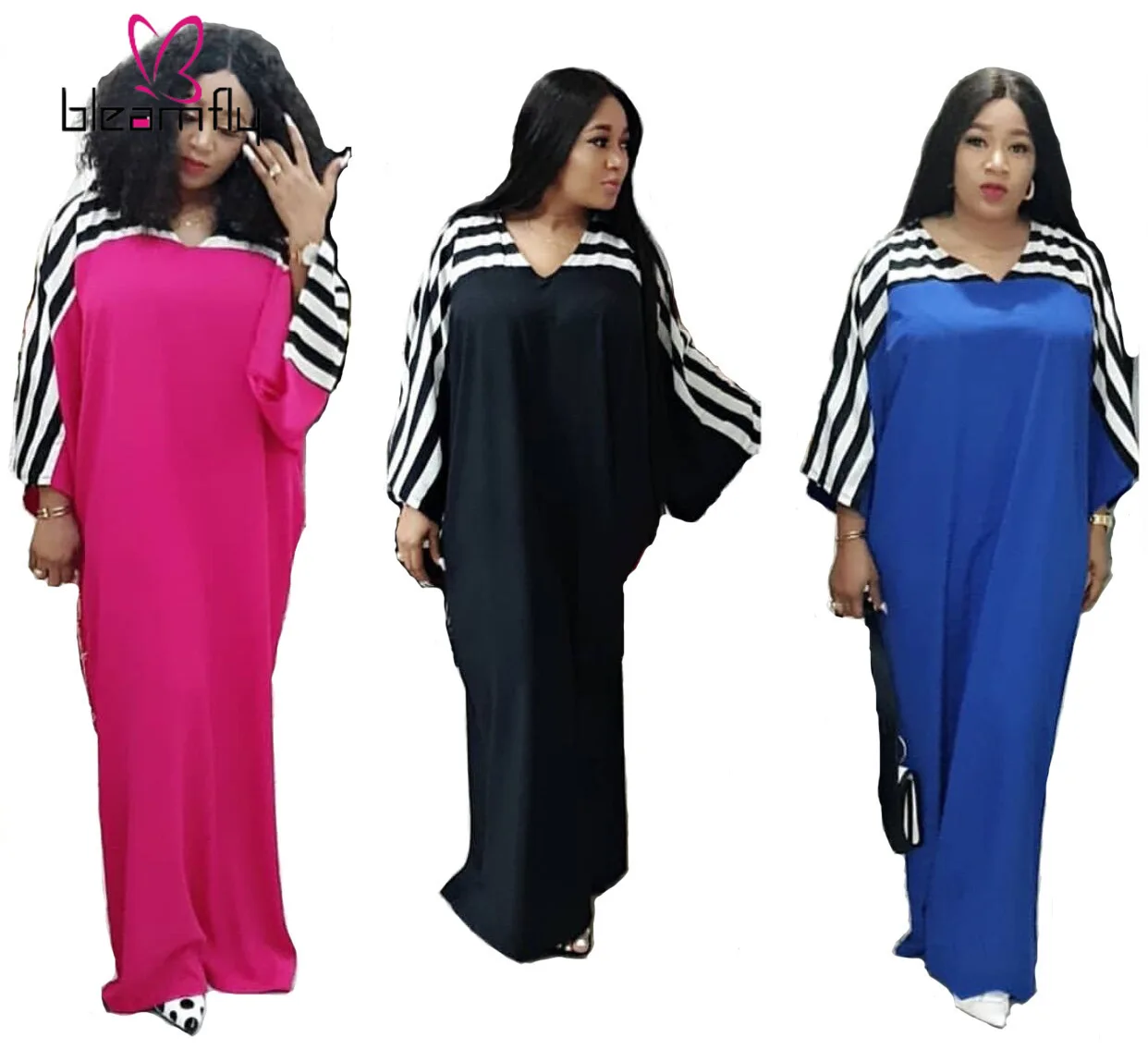 Новинка 2019 женское осеннее платье в полоску с рукавом летучая мышь и v-образным