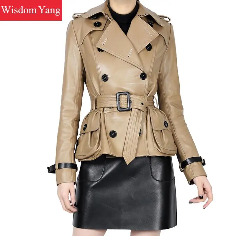 Осенние куртки цвета хаки из натуральной овечьей кожи короткие женские пальто