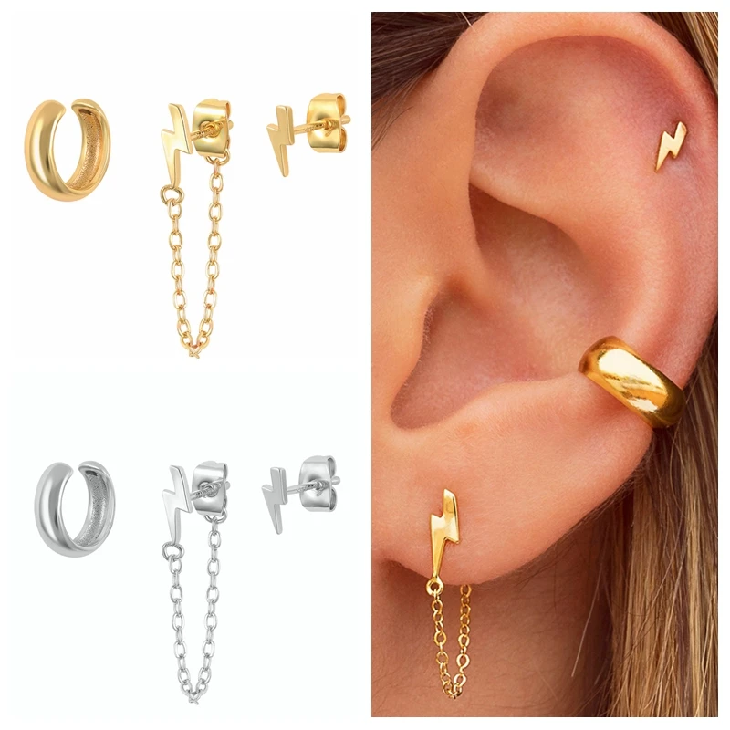 

CANNER 3PCS/Set Lightning Chain Earrings Pendientes Plata Korean Fashion Earrings For Women Piercing Stud Earrings Jewelry