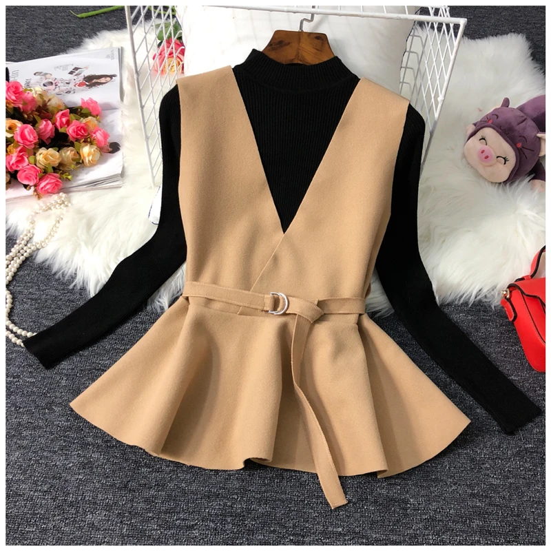 ALPHALMODA осень НОВАЯ Трикотажная нижняя рубашка+ жилет модный костюм из двух частей женский жилет с v-образным вырезом и поясом+ свитер с длинными рукавами