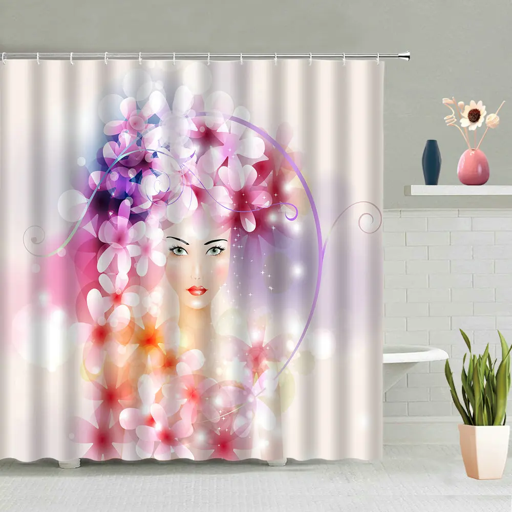 

Water Color Beautiful Girl Shower Curtain Colorful Flower Bathroom Accessories Set Waterproof Wall Hanging Curtains Home Decor