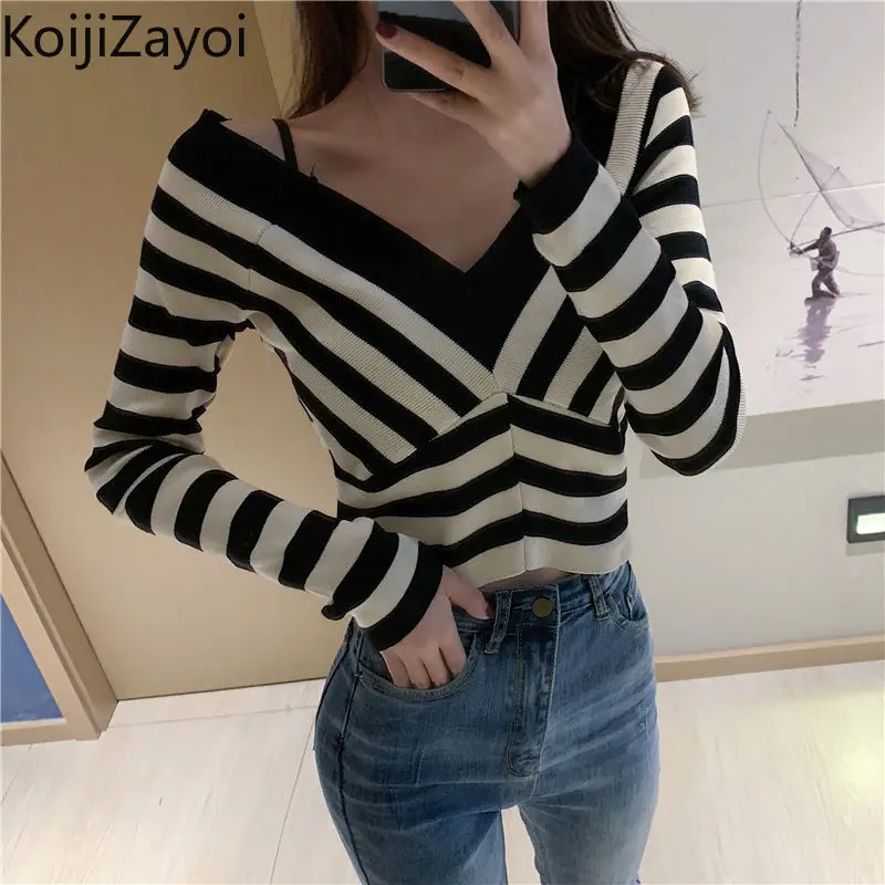

Женский тонкий трикотажный пуловер Koijizayoi в полоску, с длинным рукавом и V-образным вырезом, офисный женский свитер, тонкий осенне-зимний сек...