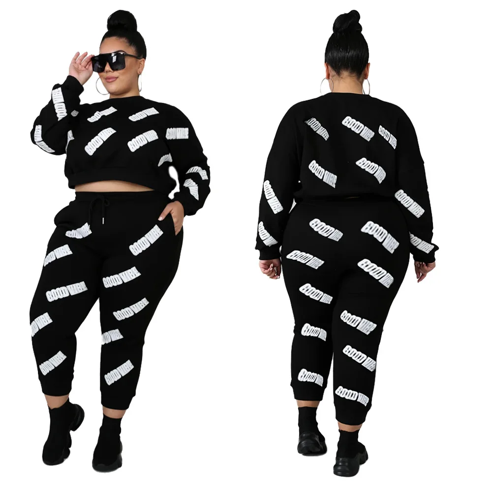 

Plus Size 2 Piece Set Women Tracksuits Black Sweatshirt Sweatpants Jogging Sport Sweat Suits Streetwear Wholesale Dropshipping