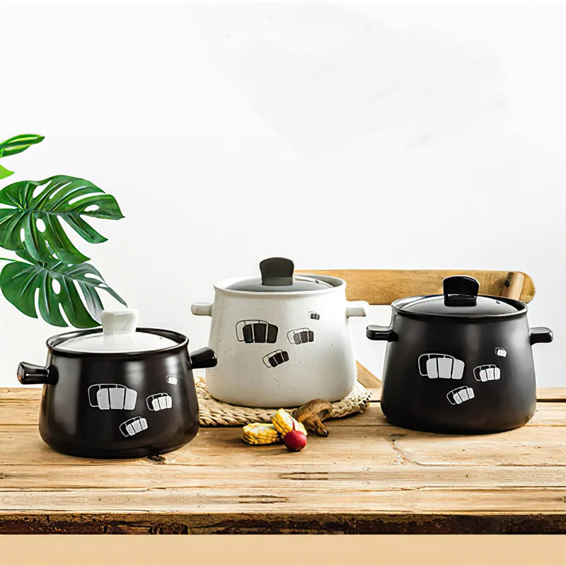 Ceramic Soup Pot 3/4L Casserole Japanese Black White Cover Stew Saucepan Home Cooking Utensils Supplies Kitchen Pot Cookware