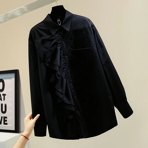 

Irregular Ruffled Shirt Women 2021 Spring Korean Style Loose Pleated Solid Color Simple Long Sleeve White Blouse Back Tops