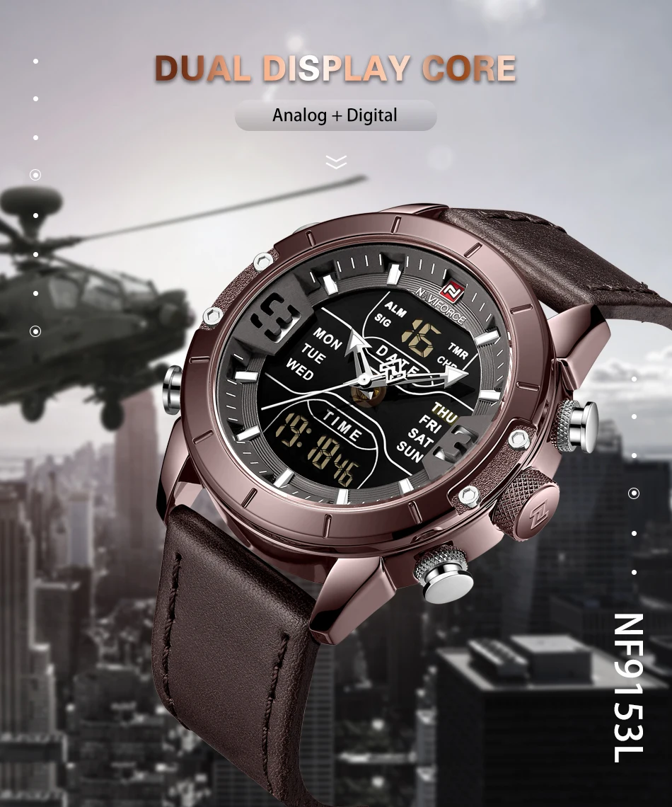 NAVIFORCE, военные спортивные светодиодный цифровые часы, мужские водонепроницаемые кварцевые аналоговые часы, ремешок из натуральной кожи, модные наручные часы
