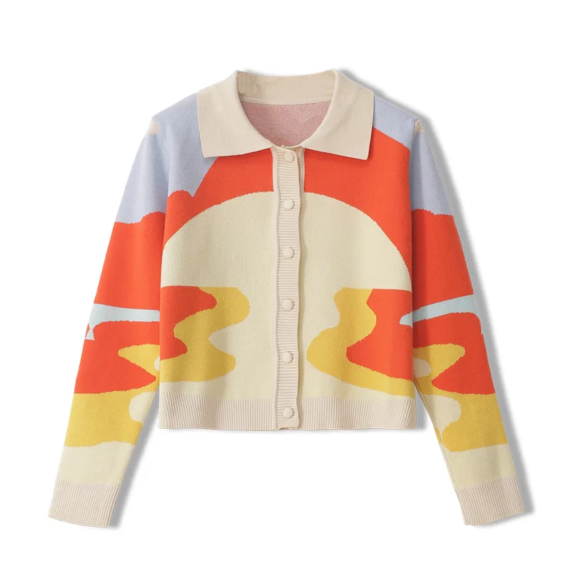 

2020 Autumn Slim Vintage Colorful Patchwork Women Knitted Cotton Cardigans Center Buttons Long Sleeve Ladies Cropped Sweaters